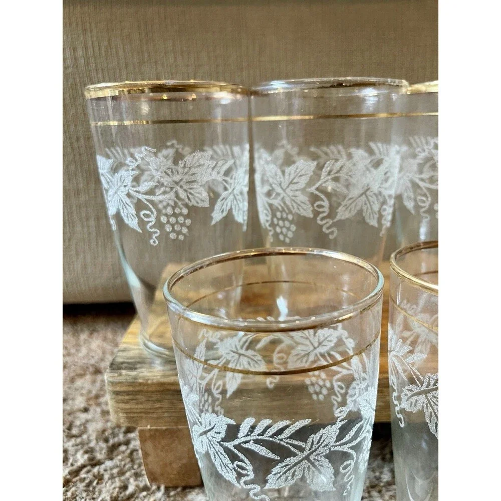Vintage Bartlett Collins 806 Grapevine Frosted Tumblers Gold Rim Set of 7